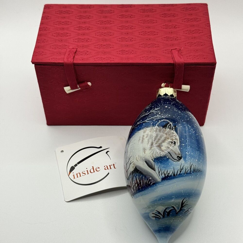 Vintage 2001 FIGI Inside Art Winter Wolf Reverse Painted Glass Ornament w/Box